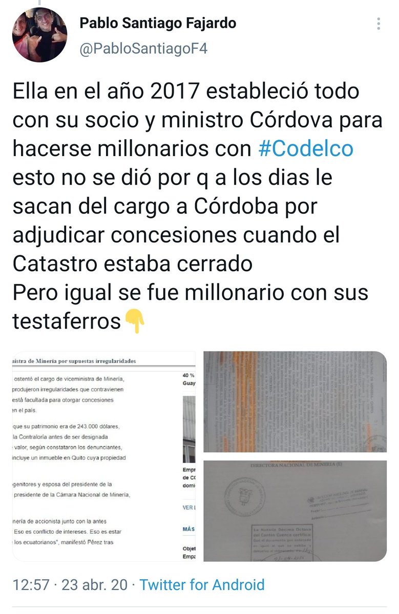El Gobierno de <a href="/LassoGuillermo/">Guillermo Lasso</a> debe apoyar a la investigación de ex autoridades de minas, cuidado se les metan por la ventana ex funcionarios como Rebeca Illescas, mano derecha de Javier Córdova que lo reemplazó cuando renunció. <a href="/CesarMongeO/">César Monge Ortega</a> <a href="/juancaholguin/">Juan Carlos Holguin</a> <a href="/mineriaecuador/">Cámara de Minería del Ecuador</a>