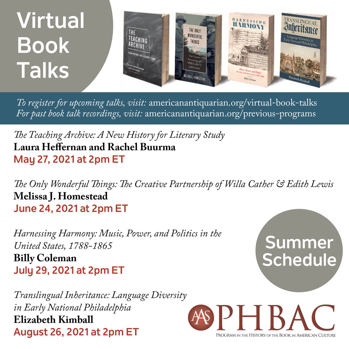 Pleased to share the Summer 2021 season of the #PHBAC Virtual Book Talks @AmAntiquarian.  #bookhistory

More information can be found at americanantiquarian.org/virtual-book-t…