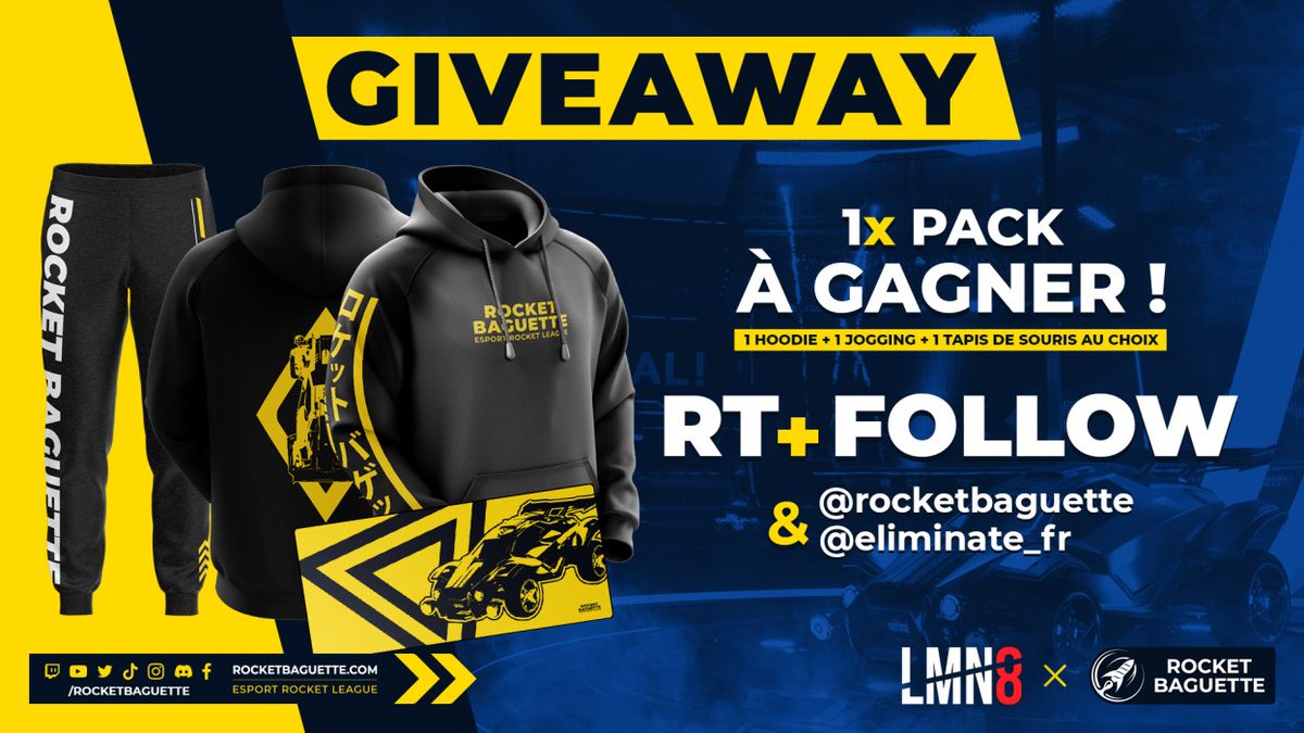 RocketBaguette's tweet image. 🎁 Pour fêter l&apos;ouverture de notre boutique avec LMN8, nous organisons un magnifique GIVEAWAY 🎉

À gagner :
- Un hoodie 👕
- Un jogging 👖
- Un tapis de souris 🖱️

Pour participer :
RT + FOLLOW @rocketbaguette &amp;amp; @eliminate_fr

TAS le 17/05
Un 2ème lot à gagner sur Insta 📸