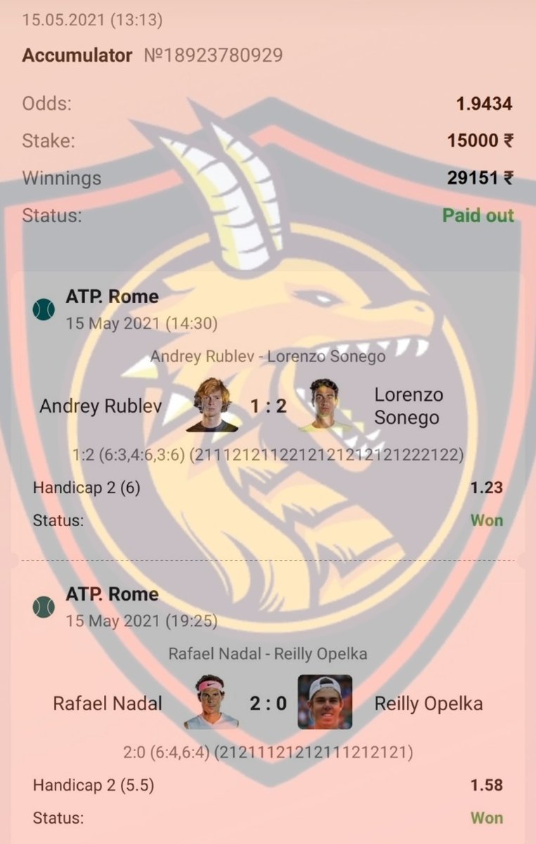 ps_betting's tweet photo. WON THIS AS WELL !! 🤘😁

#Betting #Bet #BettingTips #SportsBetting #Money #Gambling #Football #Tips #Sports #Tipster #ATPRome #ATP #Tennis #Betting #PS_betting #bettingtips #WTA #RAFA #nadal 

For more tips and predictions, join 👇
https://t.co/yumwDCmIj6 https://t.co/K0zQ9emvHa