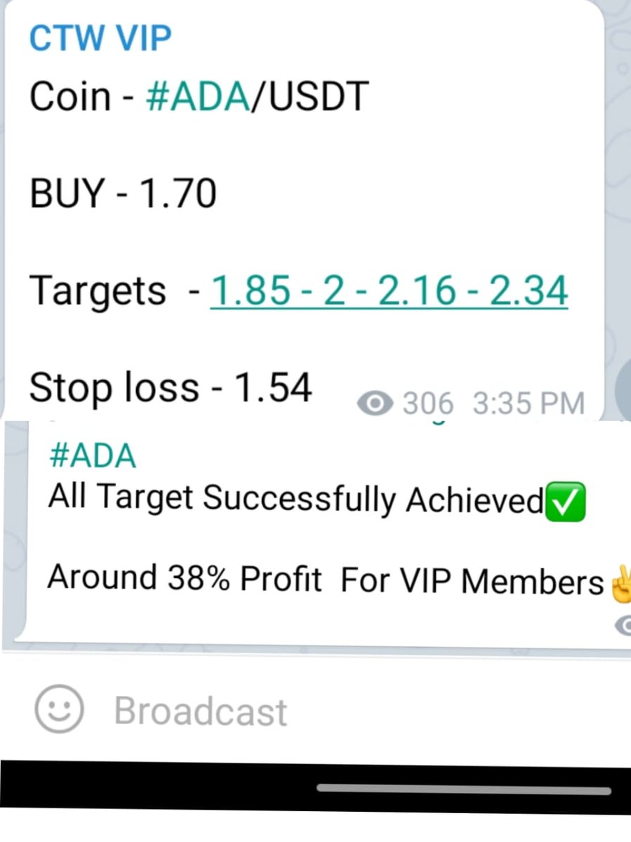 We shared #ADA/USDT  Call in our Telegram Channel ✅ 
38% profit In Short Time 💰✅ 
Join our free Telegram Channel and get all Free Signals                                                   Hurry up 🏃‍♂👇
telegram.me/Cryptotradingw…