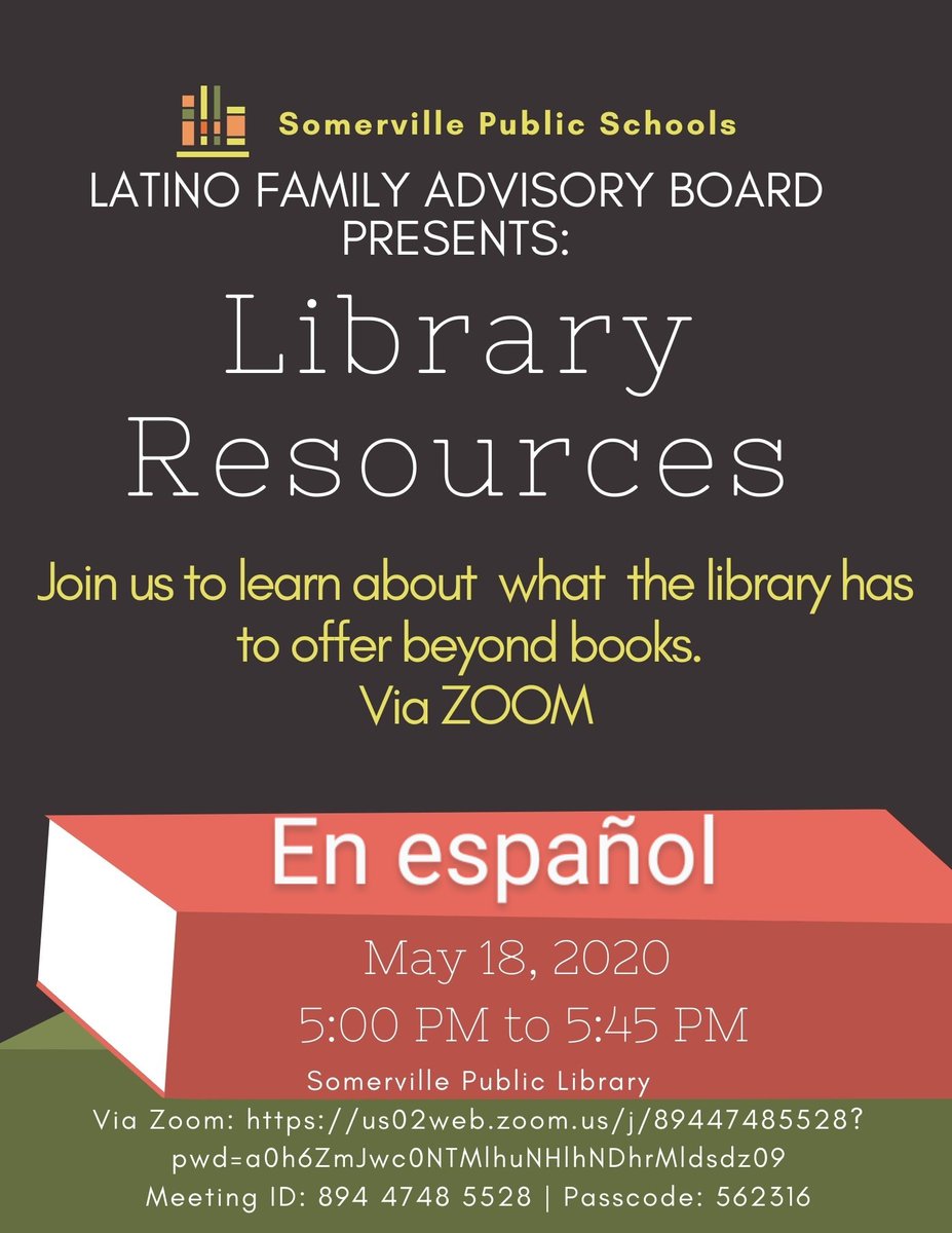 Ven! Library Resources/
Recursos de la Biblioteca 💻📚🗣️.Tuesday May 18th 5:00-5:45pm. Zoom call en Español, te esperamos! <a href="/VDVpal/">Rob Reavey</a> <a href="/principal_sms/">Anthony Benjamin</a>  <a href="/DanFenco/">J. Daniel Fenco</a> <a href="/BaezHelenbaez/">Helen Baez</a> <a href="/AidaWahbaSHS/">Sra.Wahba</a> @CobosESL #villelatinos #allin4theville