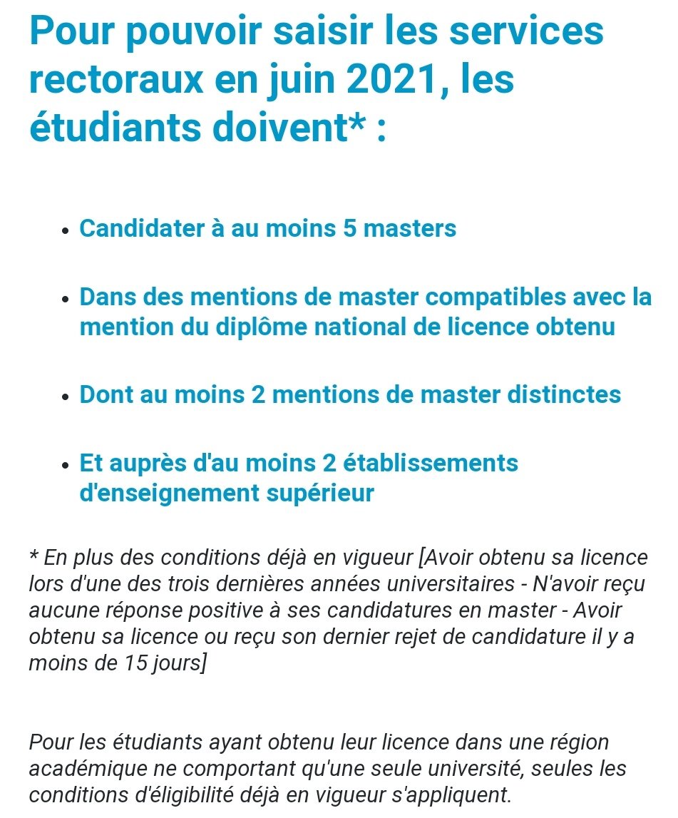EnConfinement's tweet photo. 🔴MASTER - TRÈS IMPORTANT | Cette année, les règles de saisine du rectorat pour les étudiants sans master se durcissent très fortement (en plus des conditions déjà en vigueur)

(N'hésitez pas à le relayer autour de vous)

#Université #Master #ECandidat #ESR #Fac #etudiants

🔽🔽 https://t.co/8oCtsHcXed