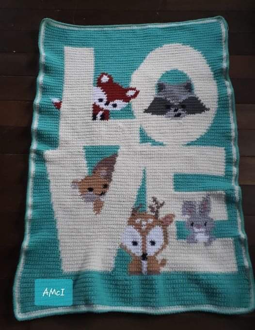CglGraph's tweet image. Member Angela Mcintyre completed this adorable crochet blanket called Woodland Love designed by Jonna Infield Pierce aka Gaggy&apos;s Graphs.  Project information: Stylecraft Yarn, 4.5mm hook and the finished blanket measured 26&quot; x 37&quot;.  marketplace.zibbet.com/gaggysgraphs/w…