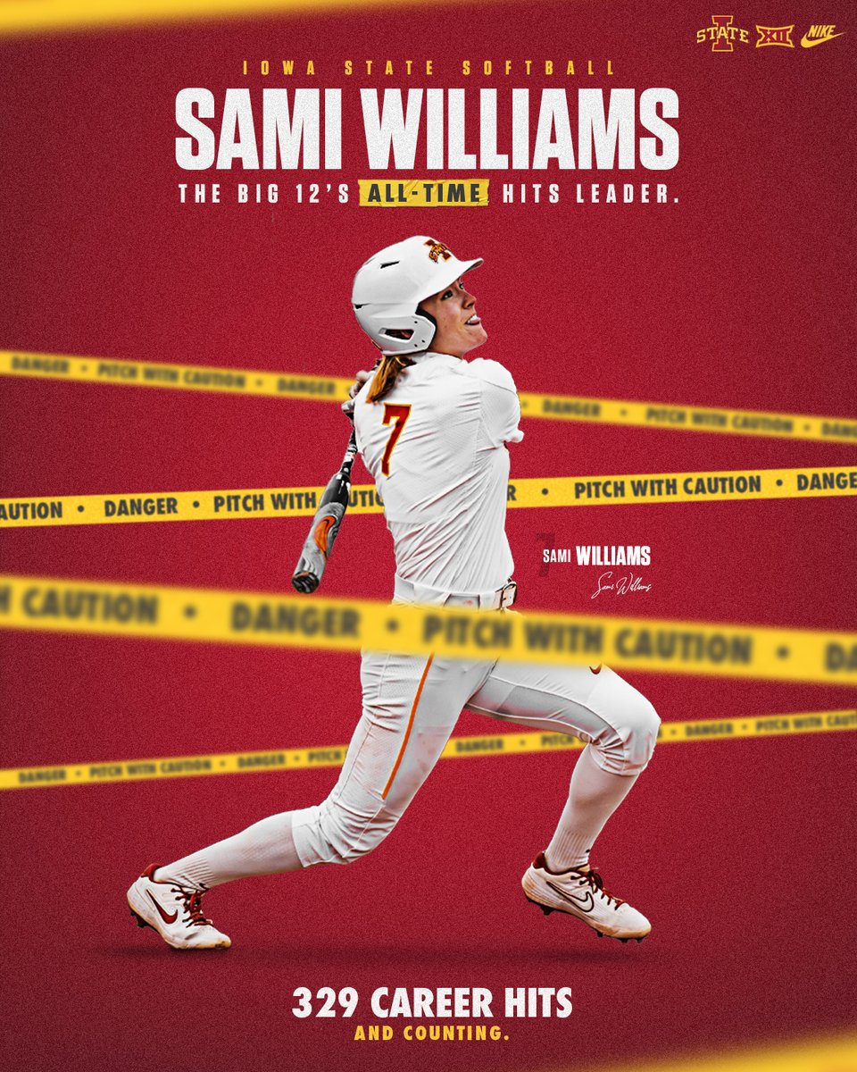 Iowa State Softball (@cyclonesb) on Twitter photo Sami Williams is the Big 12's new all-time leader in career hits with 3⃣2⃣9⃣!
Congratulations, <a href="/sami_williams25/">sami williams</a>! 👑
#Cyclones🌪️🥎 Sami Williams is the Big 12's new all-time leader in career hits with 3⃣2⃣9⃣!
Congratulations, <a href="/sami_williams25/">sami williams</a>! 👑
#Cyclones🌪️🥎
