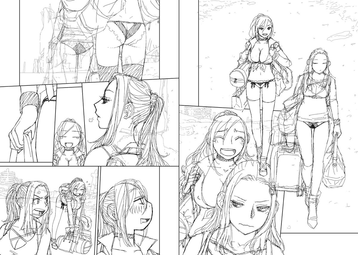 見開き単位で作業してた連載の下描き台詞フキダシ擬音無しバージョン…44↓

ほぼ毎回衣装(だいたいは下着かそれに近いもの)が変わるのは汗かいたり汚れたりすると洗えなくて捨ててしまうから…と言う理由を考えてたのですが、ホントは同じ衣装だとすぐ飽きちゃうから(オイラが)なのでした〜(°ー°;) 