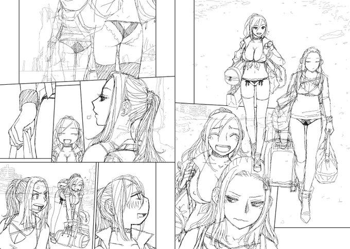 見開き単位で作業してた連載の下描き台詞フキダシ擬音無しバージョン…44↓

ほぼ毎回衣装(だいたいは下着かそれに近いもの)が変わるのは汗かいたり汚れたりすると洗えなくて捨ててしまうから…と言う理由を考えてたのですが、ホントは同じ衣装だとすぐ飽きちゃうから(オイラが)なのでした〜(°ー°;) 