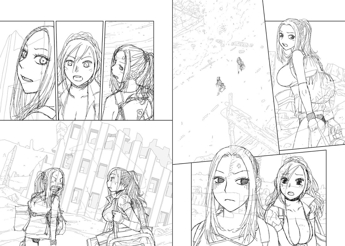 見開き単位で作業してた連載の下描き台詞フキダシ擬音無しバージョン…44↓

ほぼ毎回衣装(だいたいは下着かそれに近いもの)が変わるのは汗かいたり汚れたりすると洗えなくて捨ててしまうから…と言う理由を考えてたのですが、ホントは同じ衣装だとすぐ飽きちゃうから(オイラが)なのでした〜(°ー°;) 