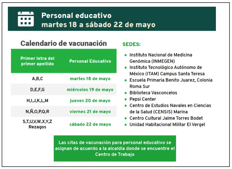 Claudiashein's tweet photo. Comparto información sobre el Programa Nacional de Vacunación para el personal educativo que labora en la Ciudad de México.

Junto con el @GobiernoMX, aplicaremos una única dosis de la vacuna CanSino, a un público objetivo de 356,342 personas, del martes 18 al sábado 22 de mayo. https://t.co/P7SoGwrXnT