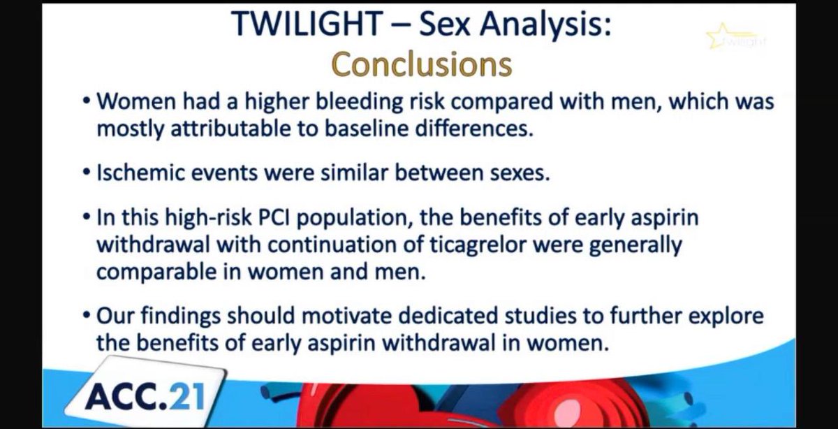 Julia Grapsa MD, PhD (@jgrapsa) on Twitter photo #ACC21 TWILIGHT study : congratulations <a href="/Drroxmehran/">Dr Roxana Mehran</a> & colleagues : women had ⬆️ bleeding risk vs men, mostly attributable to baseline differences - ischemic events similar - these findings motivate further studies to explore benefits of early withdrawal of aspiring in women #ACC21 TWILIGHT study : congratulations <a href="/Drroxmehran/">Dr Roxana Mehran</a> & colleagues : women had ⬆️ bleeding risk vs men, mostly attributable to baseline differences - ischemic events similar - these findings motivate further studies to explore benefits of early withdrawal of aspiring in women