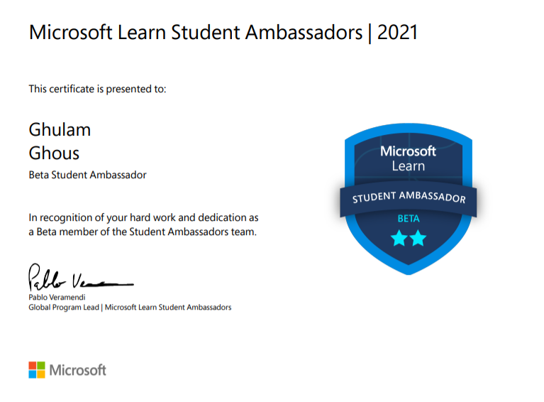 Elated to share that I have been promoted to Beta Microsoft Learn Student Ambassador✨

Special thanks to <a href="/mushtaq_wajeeha/">Wajeeha Mushtaq</a> for her collaboration and for help to achieve this milestone🙌

#beta #microsoftlearn #microsoftlearnstudentambassador #mlsa #Microsoft