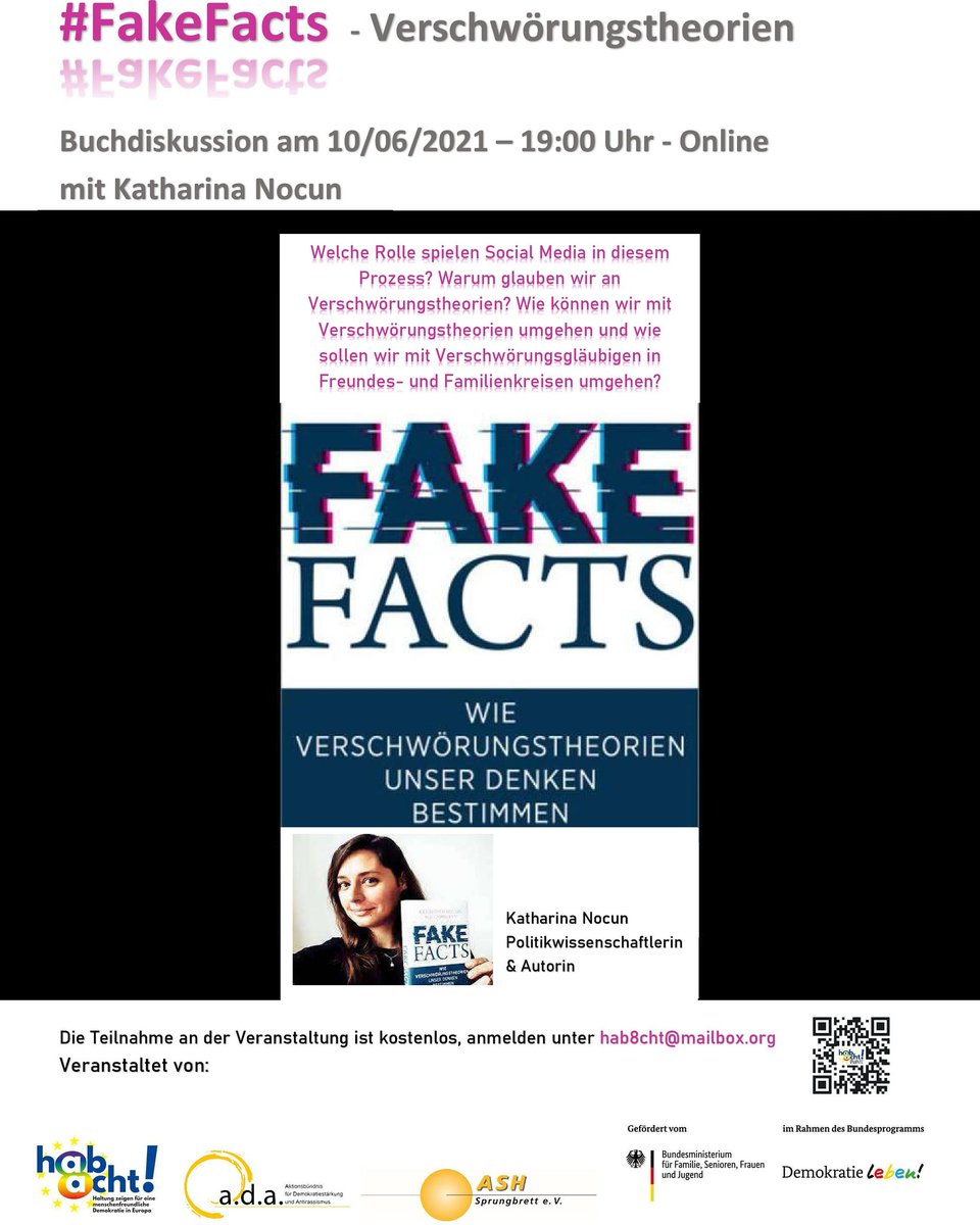hab8cht's tweet photo. 10.06.2021 19 Uhr online- Buchdiskussion "Fake Facts-Wie #Verschwörungstheorien unser Denken bestimmen" mit K. Nocun @kattascha

Die Teilnahme an der Veranstaltung ist kostenlos, anmelden hab8cht@mailbox.org
#kerpen #Verschwoerungsmythen #Antisemitismus https://t.co/VQyKGKCsnP