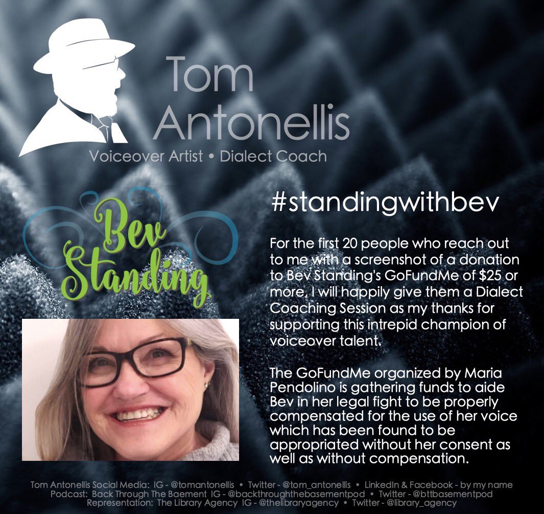 tom_antonellis's tweet photo. #standingwithbev 

For the first 20 people who reach out to me with a screenshot of a donation to @BevStanding ’s GoFundMe (org. w/ Bev’s permission by @mariapendo ) of $25 or more, I will give them a Dialect Coaching Session as thanks for supporting this intrepid champion of #vo https://t.co/vGETrvQRi6