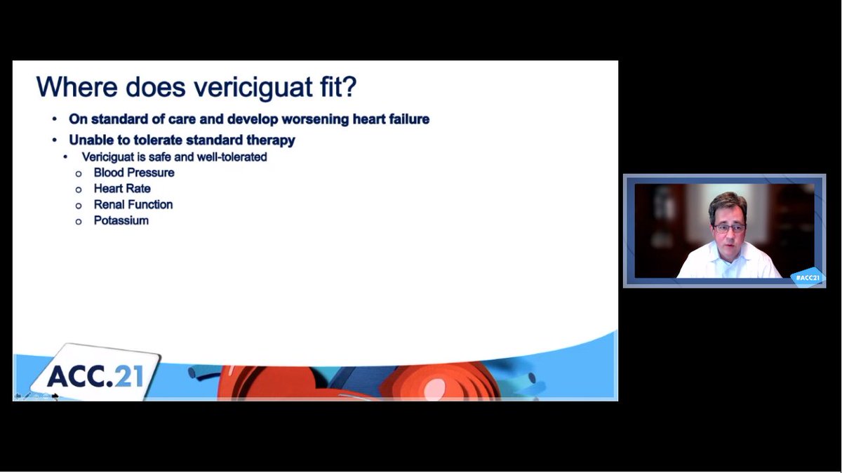 #VICTORIAtrial showed that vericiguat was safe and well-tolerated--but in which #heartfailure cases should it be used? At #ACC21, <a href="/texhern/">Adrian “WE NEED RCTS!” Hernandez</a> provides an overview of when vericiguat may be a good #HF treatment option.