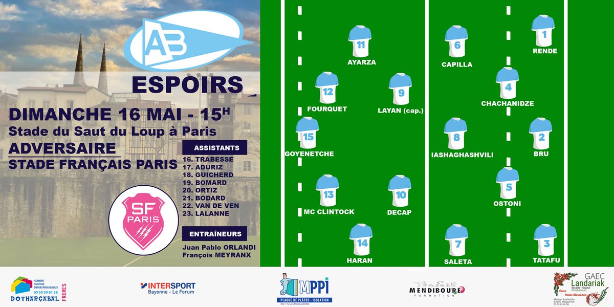 Espoirs 
Découvrez ci-dessous la composition de l'équipe qui affrontera le STADE FRANÇAIS⚡⚡⚡ demain au stade du saut du loup et à huis clos,  coup d'envoi à 14h.🔵⚪
Infographie: @florian2947 🙏
