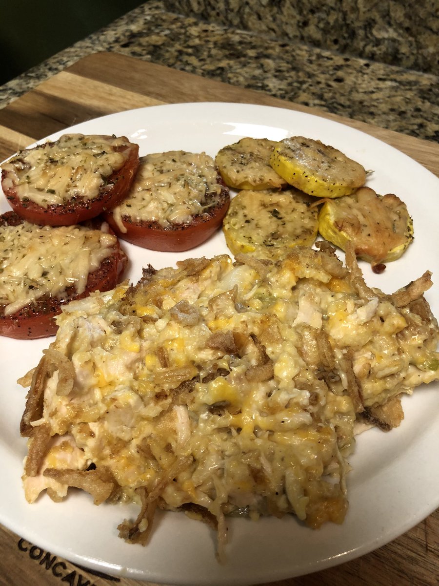 HaroldStockburg's tweet photo. Since I worked all day we had to come up with a quick cook for #TraegerDay2021 Chicken casserole and Parmesan tomatoes and yellow squash all cooked on the @TraegerGrills I hope everyone has enjoyed #traegering today. #treagerday #stockburgerbbq #stockburgered https://t.co/Tgi2qKQV8i