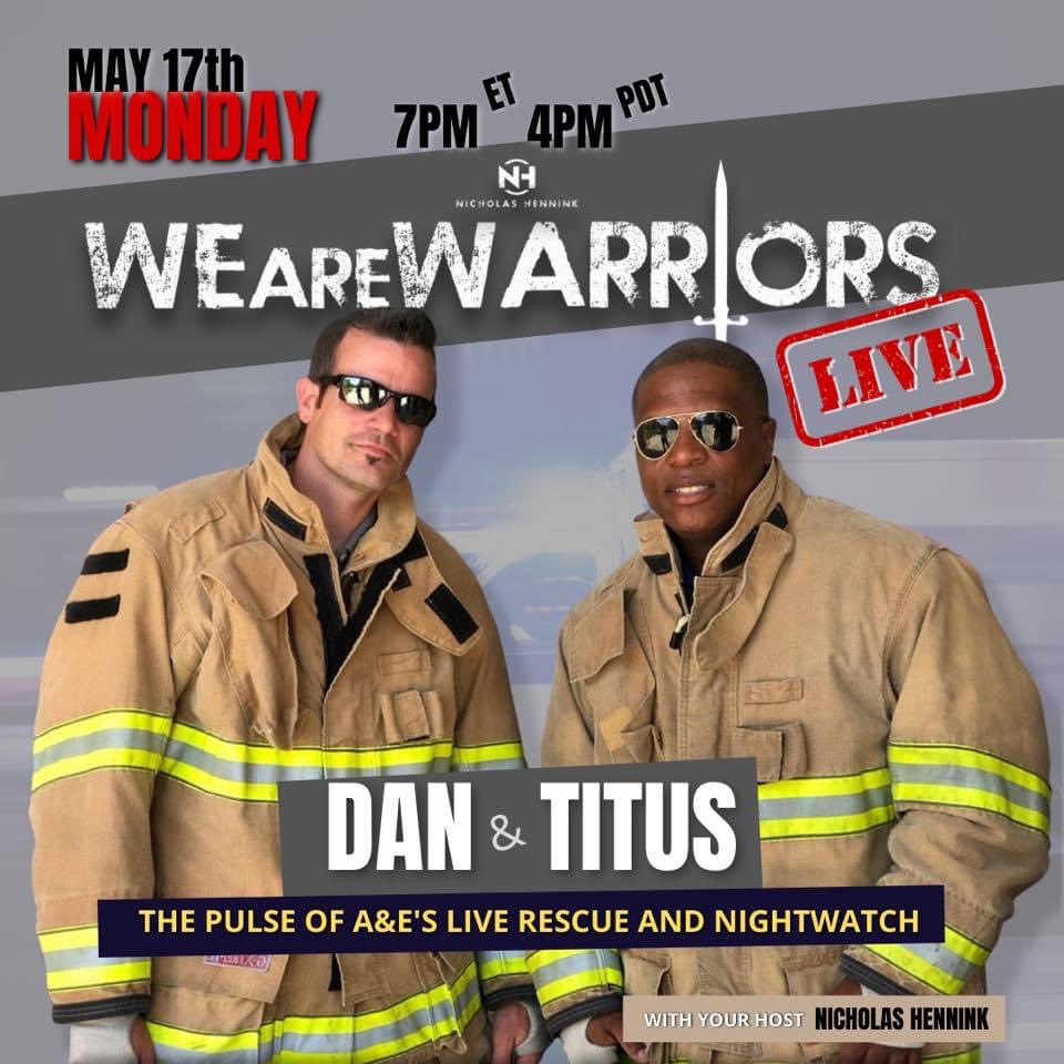 Join us LIVE this MONDAY night!!

From A&amp;E Nightwatch and The Pulse: Dan and Titus.

Let’s talk about mental health, the job, TV and juggling personal life! #DanandTitus #ThePulse #WeAreWarriors #Nightwatch #LiveRescue