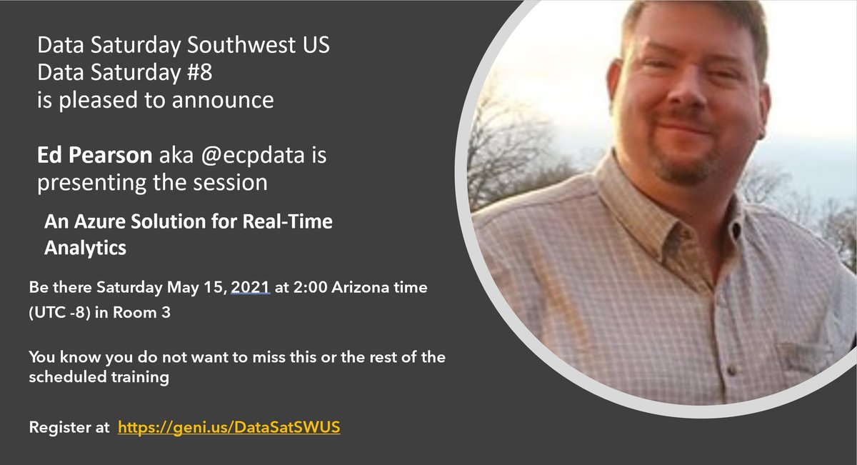 DesertIsleSQL's tweet photo. Really enjoyed hearing your session on ETL and #Python @CodeNameSql as I know a lot of companies are moving towards this.  Up next @ecpdata will be talking at #DataSaturdaySWUS room 3 on #Azure Soultions on Real time #Analytics https://t.co/8tQlSjNrxx