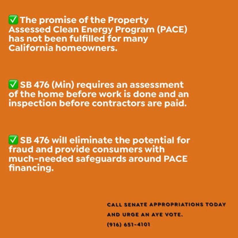 _CLICC_'s tweet photo. Too often, homeowners are misled about cost and energy savings  that can be financed through PACE. 

@Portantino @SenatorPatBates @SteveBradford @SenBrianJones @sydneykamlager @SenJohnLaird @BobWieckowskiCA We urge an AYE vote on #SB476. https://t.co/bcglH89jtx