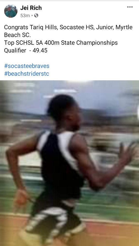 Thank You #CoachRich for posting this on #FB. Y'all check me out...and I broke the record at @SocasteeHS in the 400m for the 4th time in 1 season. States up next! @RichieAltman @BDunnsports @CoastalTFXC @JermaishaA @Kenneysolomon2 @CoachHamp_SHS @coachrsigler @ncsa @dlance088