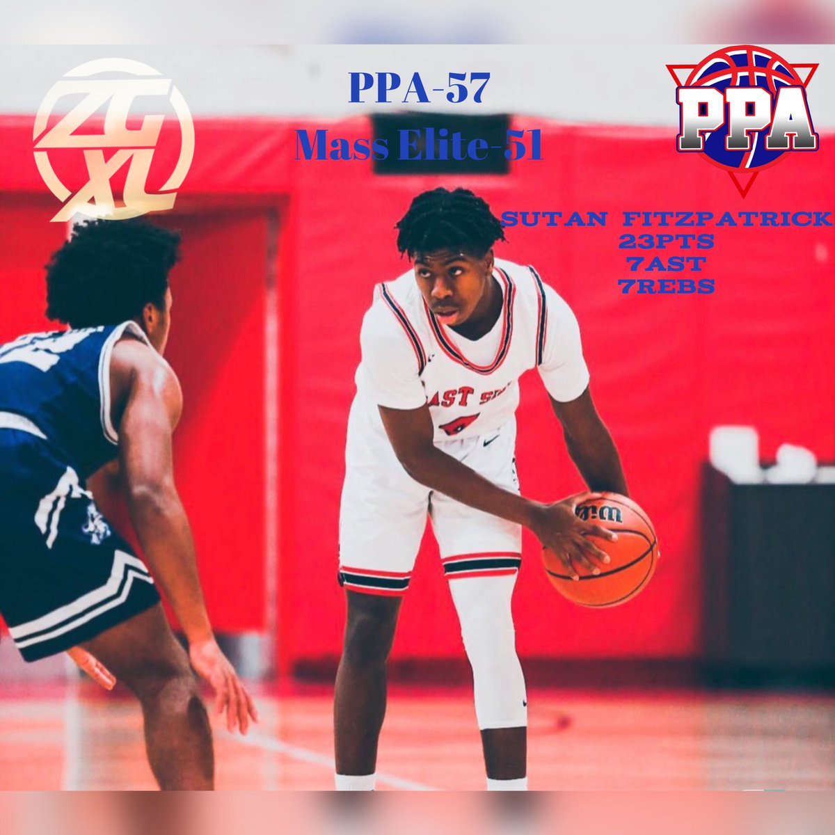 coachmjtheguru's tweet photo. Do it all 2024 Guard Sutan Fitzpatrick leads to two big wins. One over a very well coached Mass Elite team. D2/LM D1 College coaches if you are at this event and want to get early start are schedule are down below. https://t.co/cOJfcyadmb