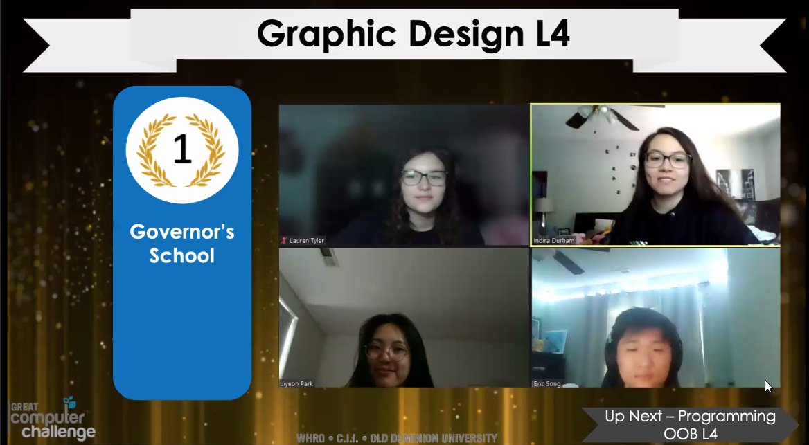 GsstPhysics's tweet photo. 1st Place — Graphic Design

— Indira Durham
— Jiyeon Park 
— Eric Song
— Lauren Tyler

at the Great Computer Challenge, ODU/WHRO.

Congratulations!

@NHREC_VA #WeAreNewHorizons #NHGSST https://t.co/TwJaIo6QtB