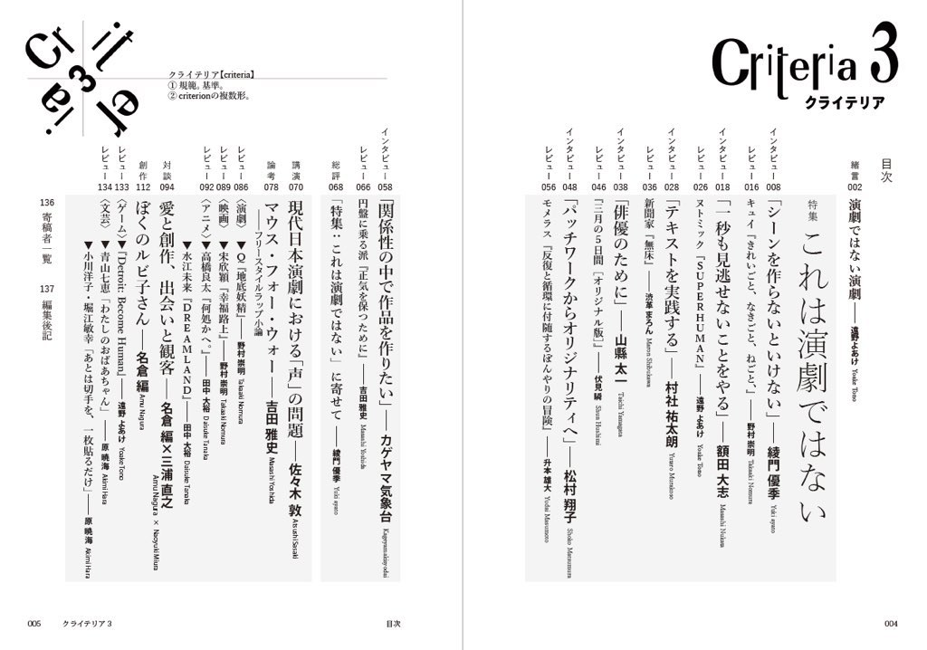 CriCriteria's tweet photo. 広報する余裕がまったく無かったので当日のこの時間ですが…！今日の文学フリマ東京、クライテリアは【ソ-19】に出店します。既刊『クライテリア3』を文フリ特価1000円で、既刊『クライテリア4』を文フリ特価1200円で販売します。それぞれ目次は以下画像にて。
#文学フリマ　#bunfree https://t.co/tfAPTksRdr