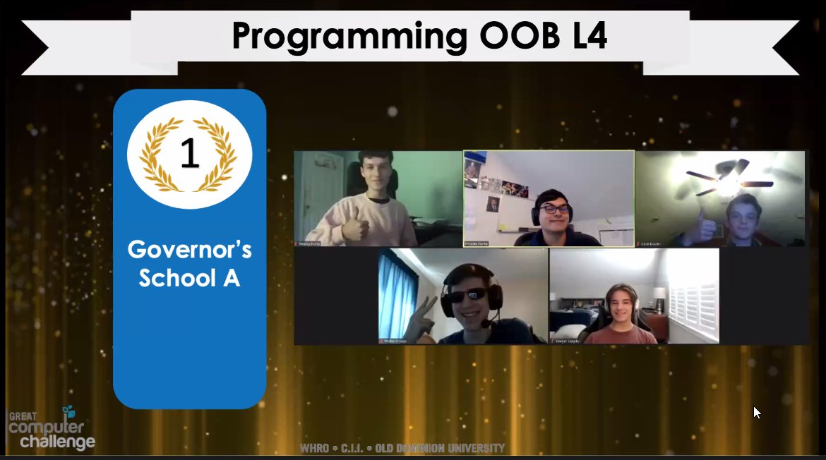 GsstPhysics's tweet photo. 1st Place — Computer Programming

— Walker Knapp
— Ernesto Garza
— Wood Hulse
— Timothy Dacier
— Sawyer Czupka

at the Great Computer Challenge, ODU/WHRO.

Congratulations!

@NHREC_VA #WeAreNewHorizons #NHGSST https://t.co/9BedTbF3Ly