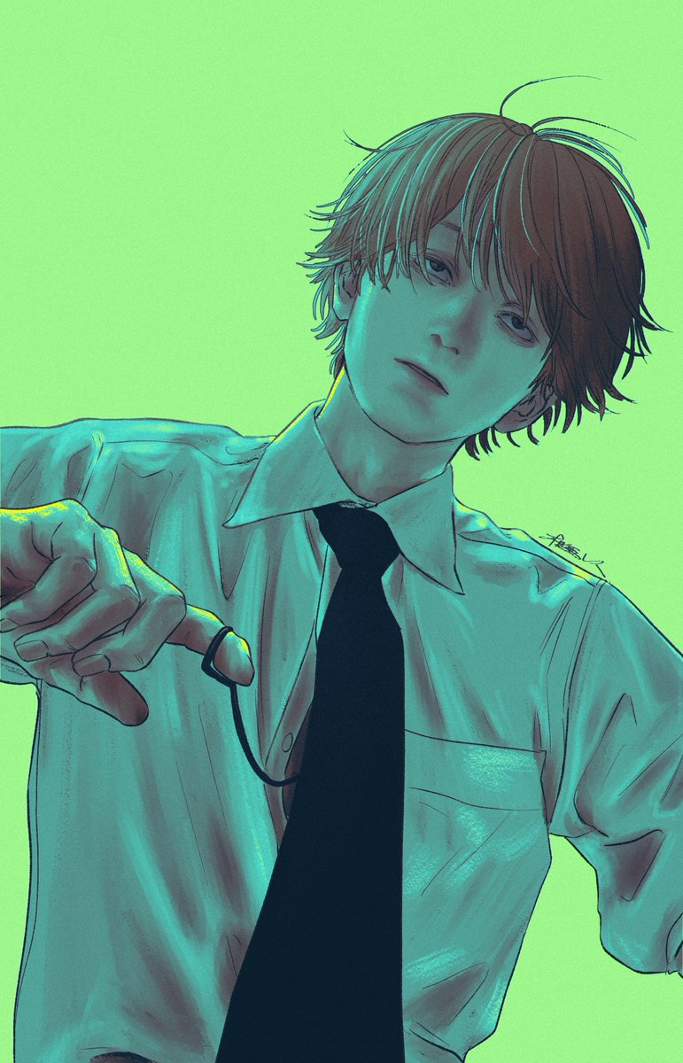 1boy necktie solo black necktie shirt simple background green background  illustration images