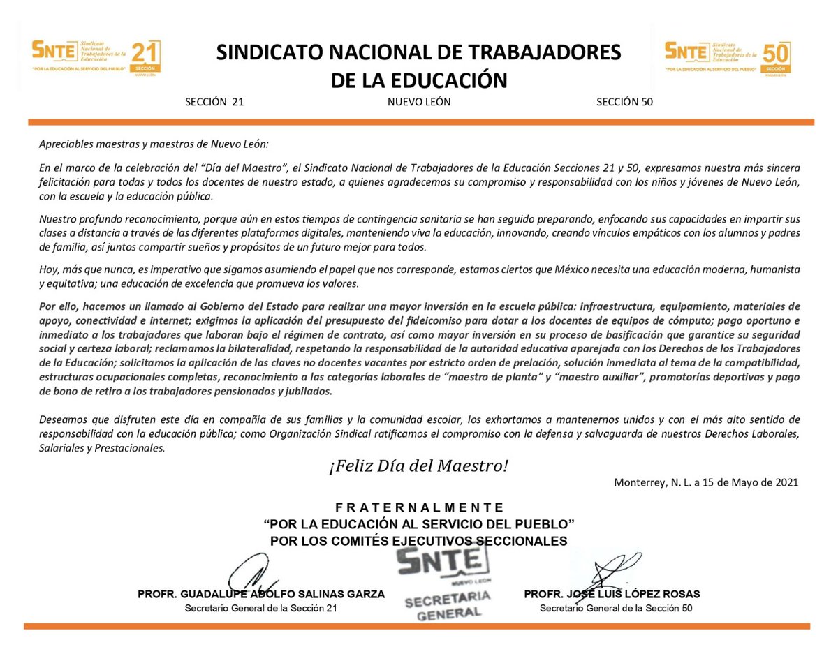 SNTE21's tweet photo. #TodosSomosUno 🙋‍♀️🙋
🟠 Los Comités Ejecutivos de las Secciones 21 y 50, reconocemos y felicitamos a todos los Maestros en su día  ✔️ Especialmente a quienes son nuestros agremiados que son y han sido un ejemplo de trabajo en beneficio de la niñez y la juventud en Nuevo León https://t.co/avnfaeW3cG