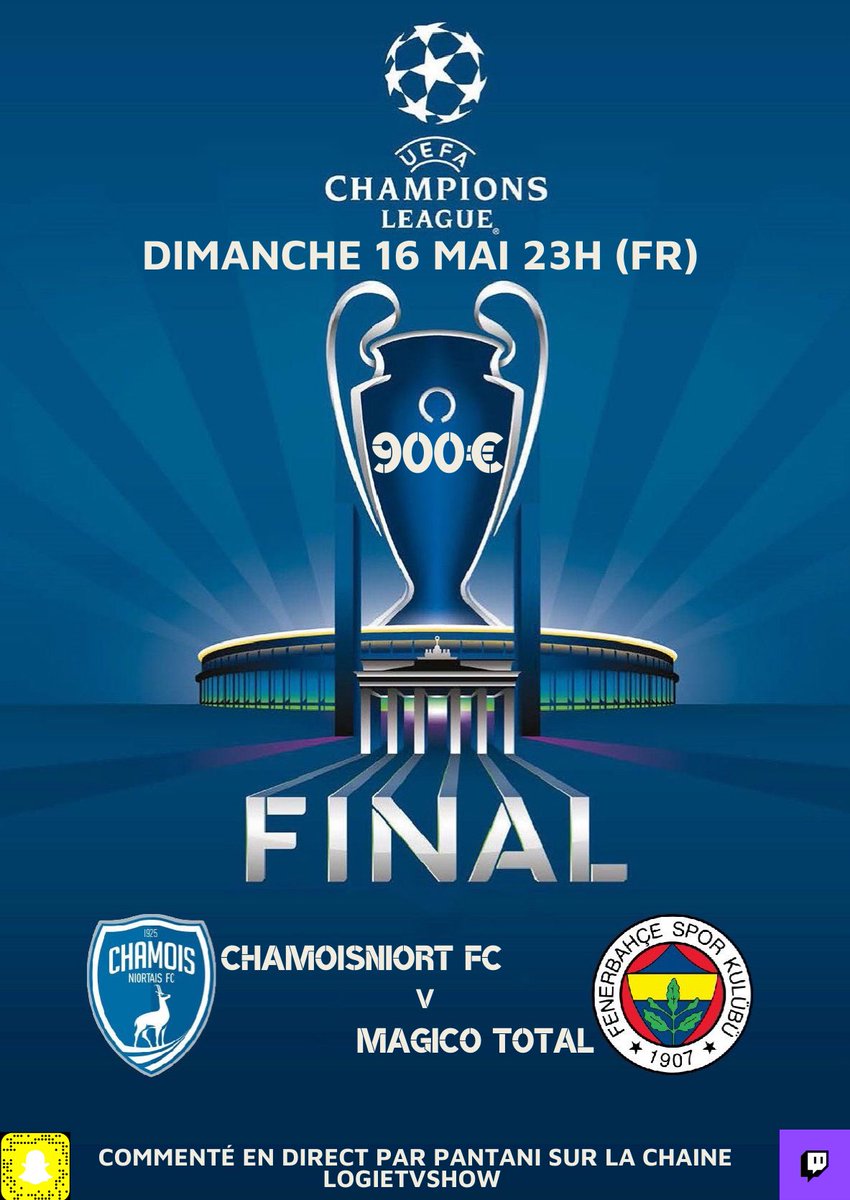 LOGIETVSHOW (@logietvshow) on Twitter photo LE GRAND RDV CโEST DEMAIN SOIR 23H ๐ฅ๐
CHAMOISNIORT FC VS MAGICO TOTAL
<a href="/ChamoisNiortCP/">Chamois Niortais Esport</a> vs @bellingham_x8
COMMENTร PAR @GuulitF
LIEN DU STREAM ๐ฅ : m.twitch.tv/logietvshow
Qui remportera lโรฉdition XII ? ๐ฅ
<a href="/ILOVEPROCLUB1/">ILOVEPROCLUB1</a> #UCLย #CASHPRIZE LE GRAND RDV CโEST DEMAIN SOIR 23H ๐ฅ๐
CHAMOISNIORT FC VS MAGICO TOTAL
<a href="/ChamoisNiortCP/">Chamois Niortais Esport</a> vs @bellingham_x8
COMMENTร PAR @GuulitF
LIEN DU STREAM ๐ฅ : m.twitch.tv/logietvshow
Qui remportera lโรฉdition XII ? ๐ฅ
<a href="/ILOVEPROCLUB1/">ILOVEPROCLUB1</a> #UCLย #CASHPRIZE