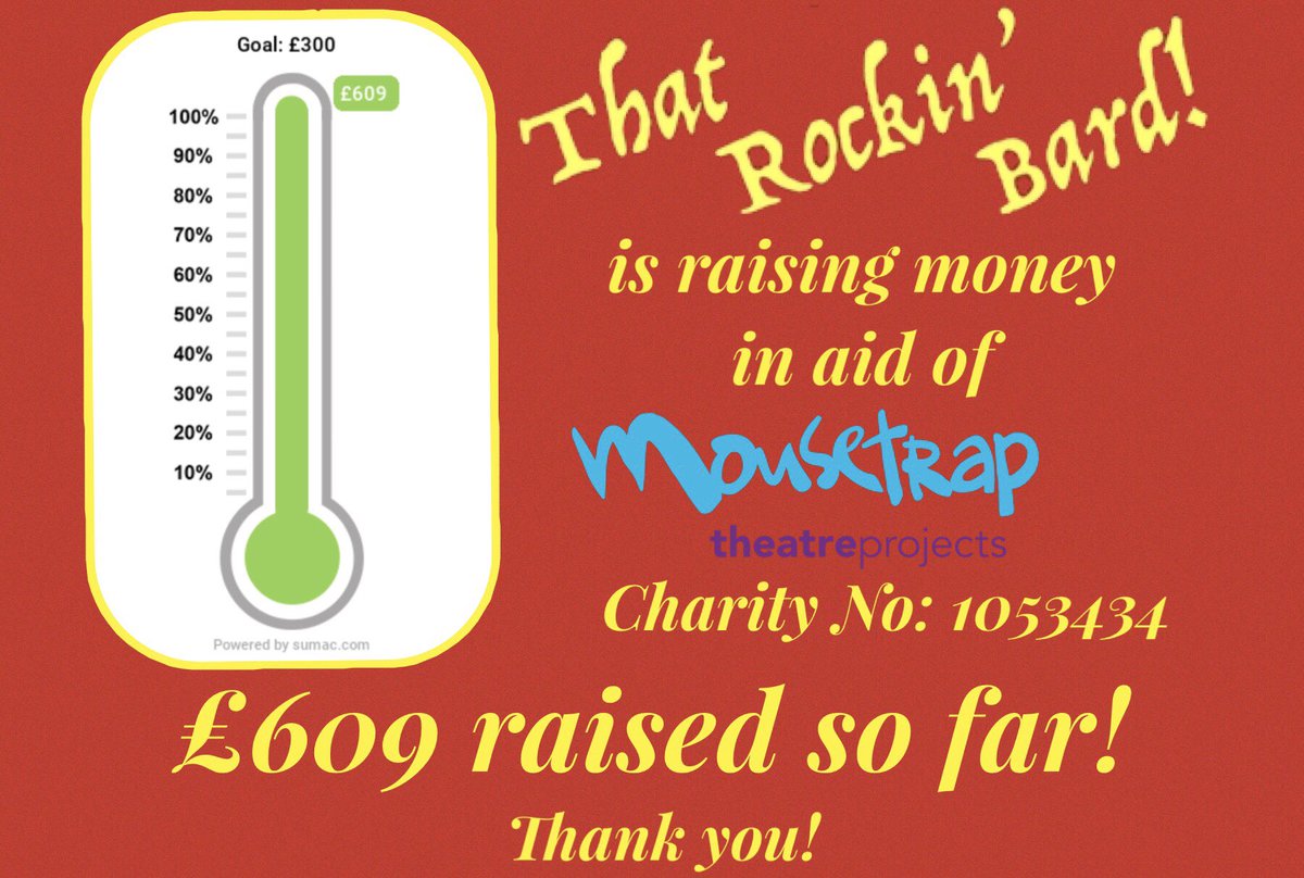 MarvellouslyC's tweet photo. There’s just 3 days left of the fundraiser ‘That Rockin’ Bard!’ 😢 we’ve raised £609! Thank you! We would love to get to £620 or even £650! If you would like to donate, then you may do so via the FB Fundraiser or https://t.co/cd8GE1ESZu 😉 dont forget to mention us! @MousetrapTP https://t.co/Y5NZ5rhNRl
