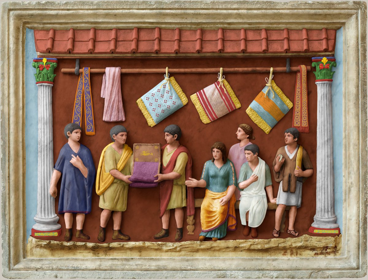 chapps's tweet image. My most difficult creative challenge, I present the #polychrome version of this ca. 50 AD Roman funerary relief, showing the deceased&apos;s pillow shop. *Many* thanks to @DrNWillburger for all her time and help on research and for the original image! #Uffizi #polychromy  1/