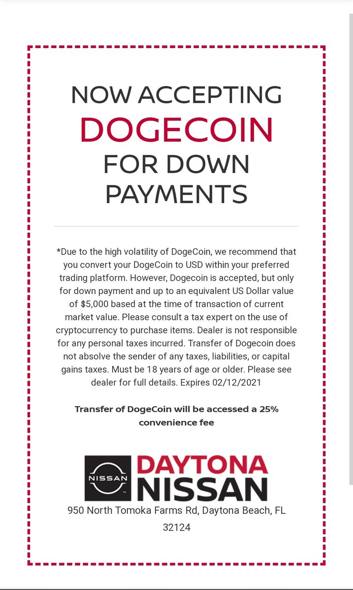 dogement's tweet photo. Nissan is Accepting #Dogecoin NOW WOW
More good news will come for #Doge
#dogeisgood https://t.co/0kjMUTxtk7
