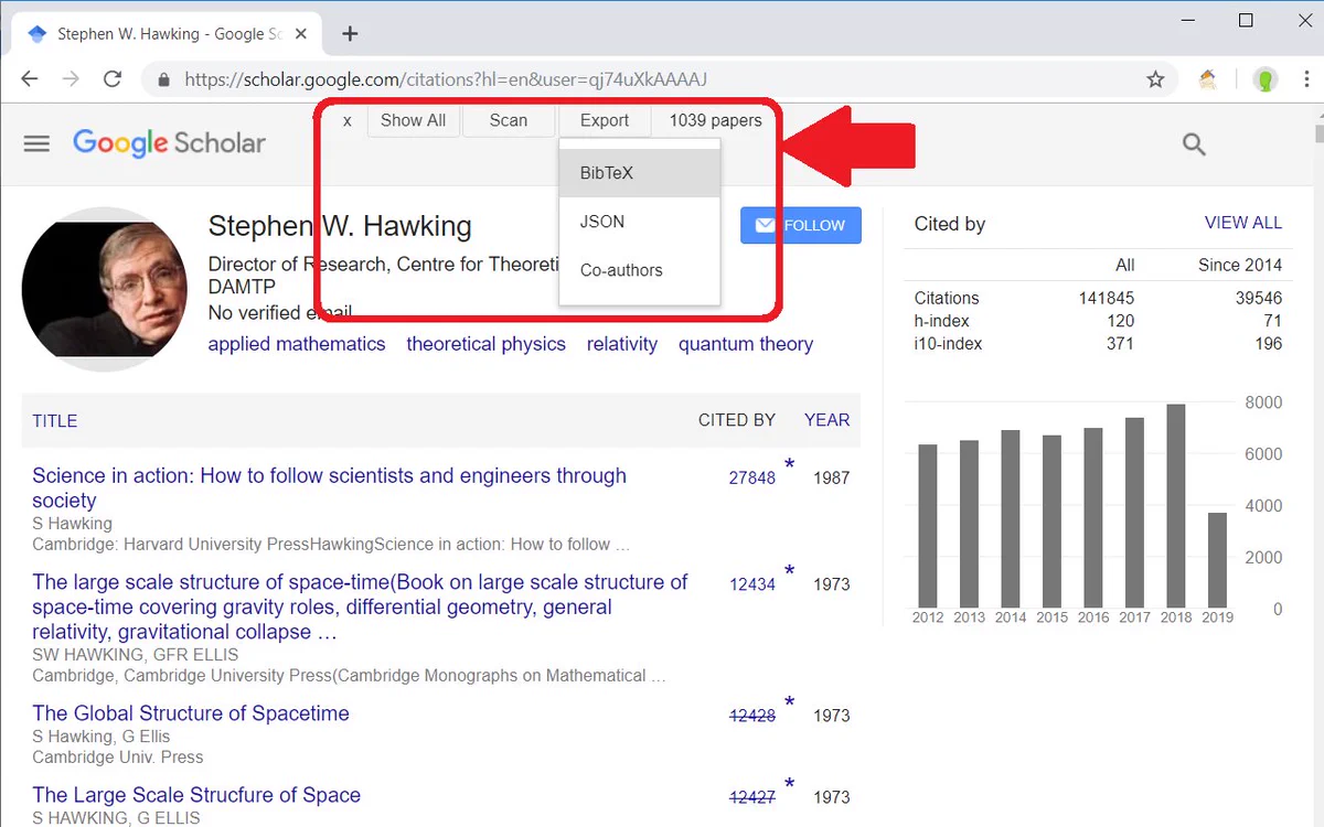 Screenshot of a Google Scholar profile with the additional top toolbar that is added by the Scholar Enhancer browser extension. The example profile used in the screenshot is that of the physicist Stephen Hawking.