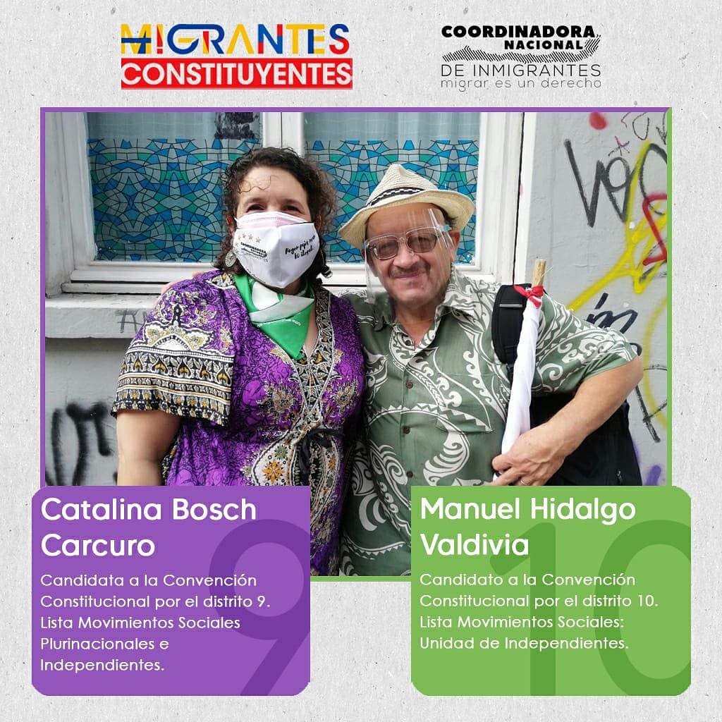 🔊 Llegamos a las elecciones de constituyentes con <a href="/catalinaboschca/">Catalina Bosch Carcuro</a> y <a href="/ManuelHidalgoV_/">Manuel Hidalgo Valdivia</a>, candidaturas que levantamos con nuestra campaña MIGRANTES CONSTITUYENTES, y de la mano de  distintas organizaciones, así como  distintos movimientos sociales en el #distrito9  y #distrito10 🥁