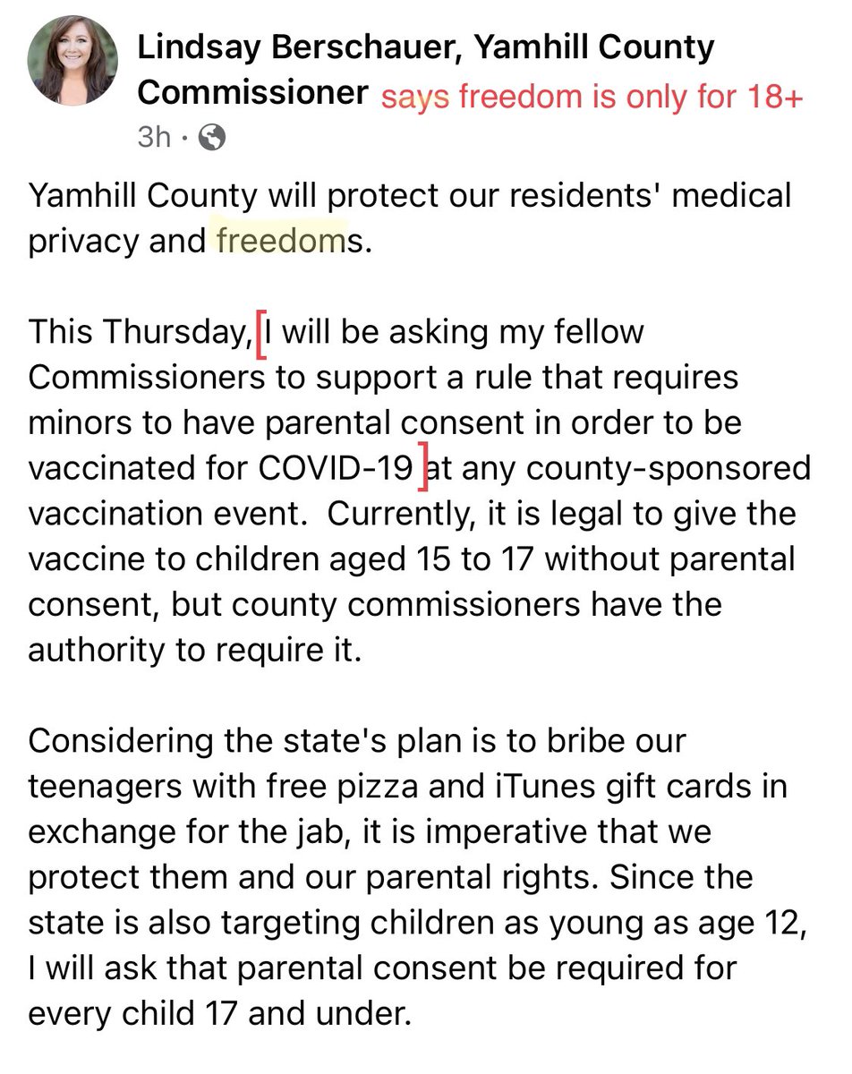 ProgressiveYam's tweet photo. 15-17 year olds who want the Covid vaccine: act quickly this week to get your shot, before County Commissioners Berschauer and Starrett take away your legal right to make medical decisions for yourself: https://t.co/DfLvfV5DF8 #orpol #yamhillcounty #freedomformebutnotforthee https://t.co/T6r4QzyNmG
