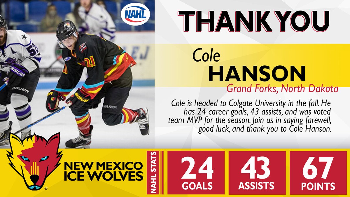 NMIceWolves's tweet photo. Cole is headed to Colgate University in the fall. He has 24 career goals, 43 assists, and was voted team MVP for the season. Join us in saying farewell, good luck, and thank you to Cole Hanson. https://t.co/DG0eyRuX6R