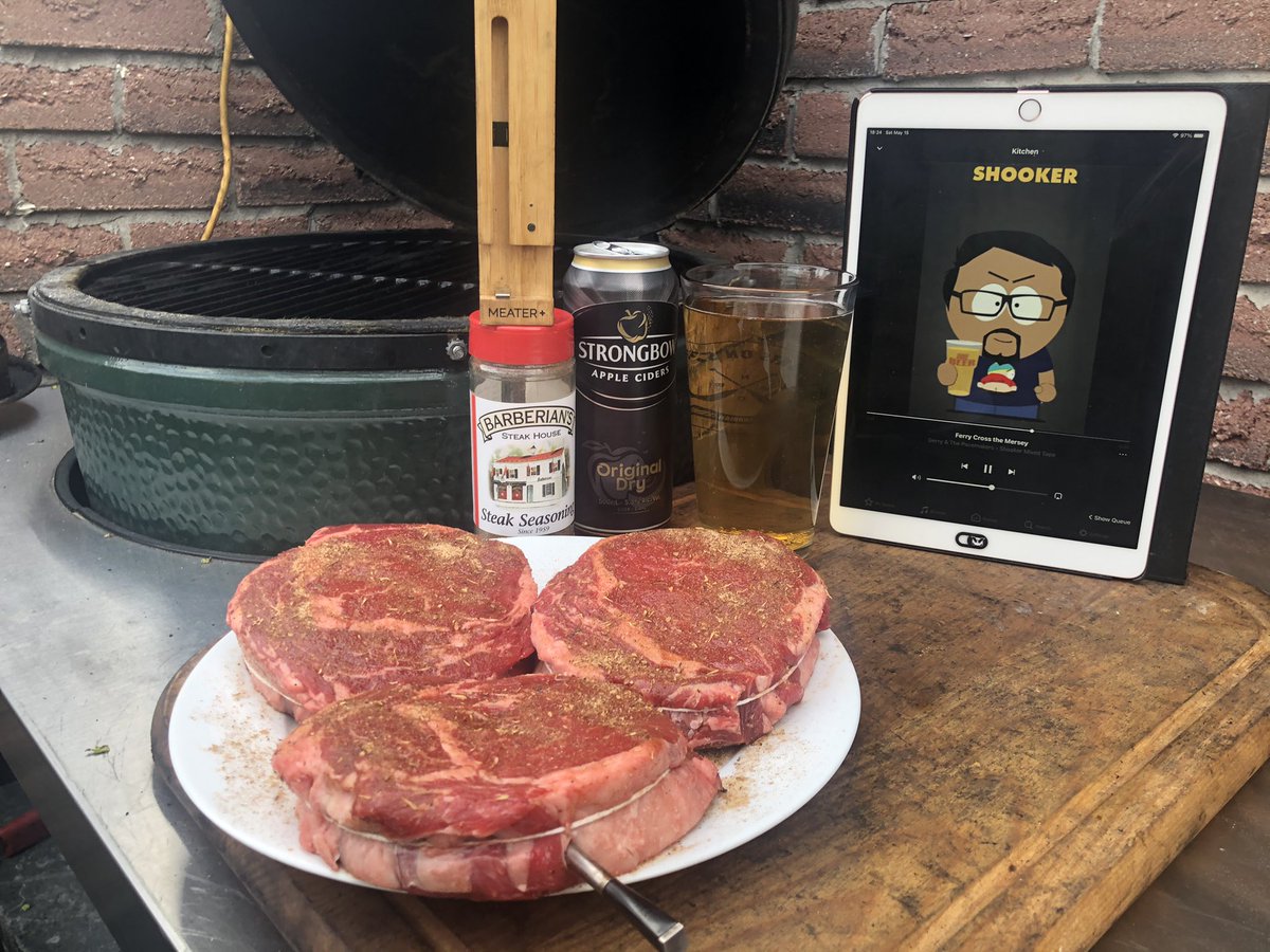 Shooker35's tweet photo. Power washing the deck to get rid of the old stain &amp; crud. So time for #BiGreenEgg fun

Low &amp; slow, reverse sear Barbarian Steakhouse rubbed ribeyes! #MeaterMade 

Assisted by Strongbow cider &amp; Shooker’s Mixed Tape (late 50, 60 &amp; early 70) https://t.co/fOOANQr9cw