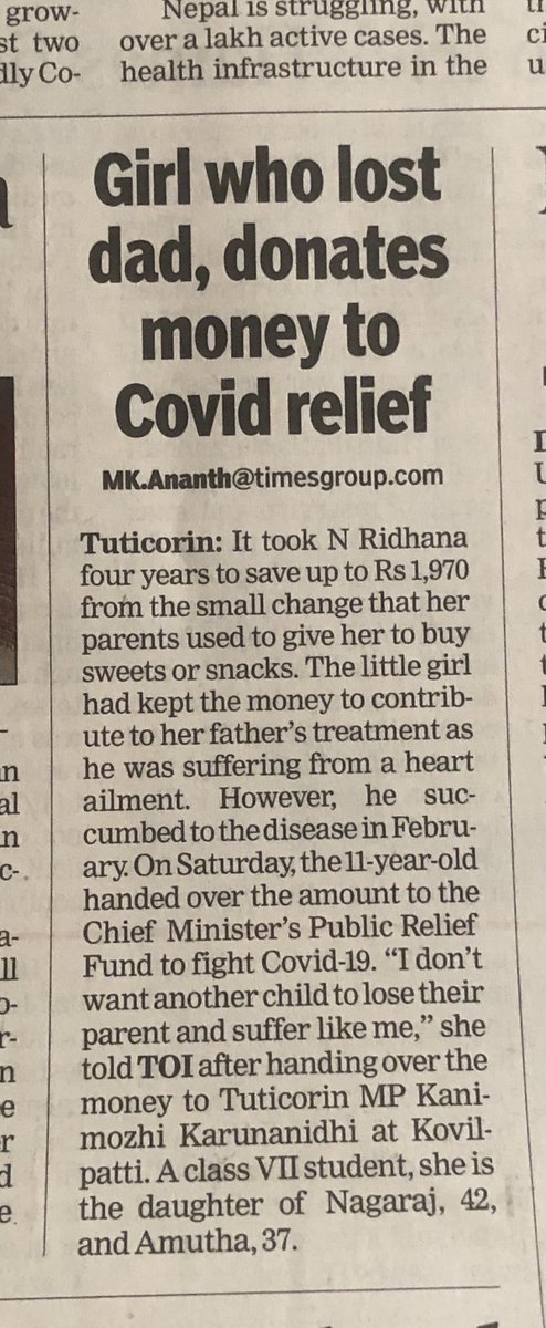 A heart warming story. 11-yr old child breaks her piggy bank, donates Rs1970 to CM’s Relief Fund to fight #Covid. She kept the money, saving small changes her parents had given, for her dad’s treatment. He died. She doesn’t want any child to lose dad. <a href="/timesofindia/">The Times Of India</a>⁩