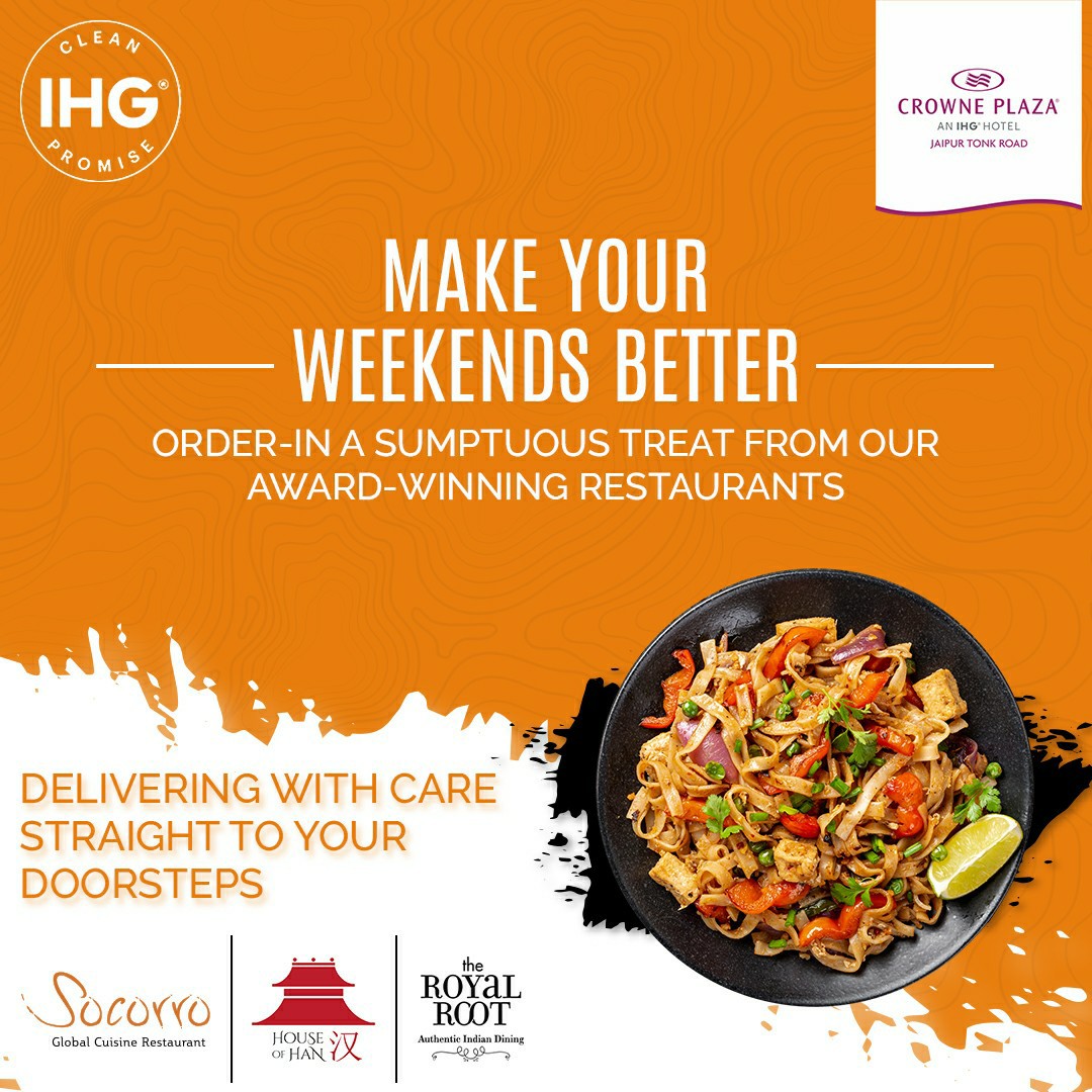 CrownePlazaJaip's tweet image. Satiate your #weekendcravings &amp;amp; order sumptuous #food from our award-winning restaurants to your doorsteps today! 

#Ordernow, call us at: +91 9587-889-060.

#CrownePlazaJaipur #CrownePlazaJaipurTonkRoad #Socorro #SocorroGlobalCuisine #TheRoyalRoot #HouseofHan #FoodDelivery