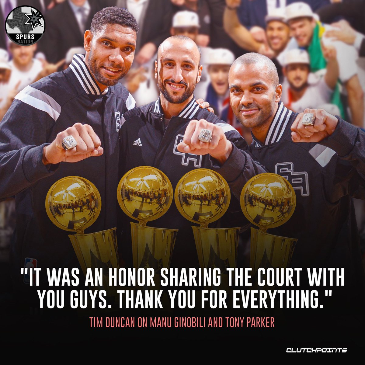 SpursNationCP's tweet photo. Tim Duncan made sure to show some love to his championship buddies, Tony Parker and Manu Ginobili ❤️

Three of the greatest winners in NBA history. https://t.co/jbsMLG5ca5