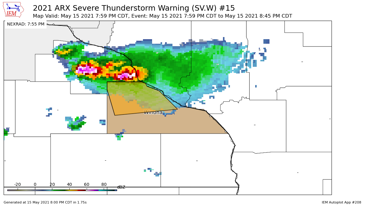 * #Severe #Thunderstorm Warning for...
  Northwestern #Winona County in southeastern Minnesota

* Until 845 PM CDT.

* At 758 PM CDT, a severe thunderstorm was between #Beaver and #Minneiska, or 12 miles south of #Alma, moving south at 20 mph.

 HAZARD Quarter size #hail.

#MNwx https://t.co/Hg3JGKvdxa