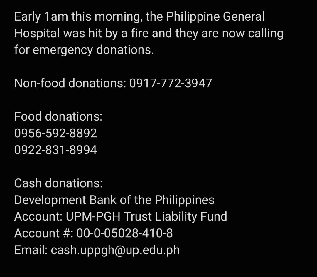 deekyeomie's tweet photo. [PLEASE RT]

Early 1am this morning, the Philippine General Hospital was hit by a fire and they are now calling for emergency donations.

Any amount will do. A simple retweet can help. Please. https://t.co/xDUNiWVO7m