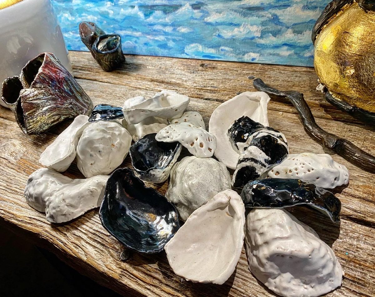 LanternStone's tweet photo. Something really cool is coming to SLH, another nature inspired piece of art made by the wonderful Cyndy Gibson! These ceramic oysters shells were inspired by the real real deal @shikatbay fresh oysters, how amazing is that! Truly creative and unique pieces. #sitkaairbnb https://t.co/bggBnj1y1Q