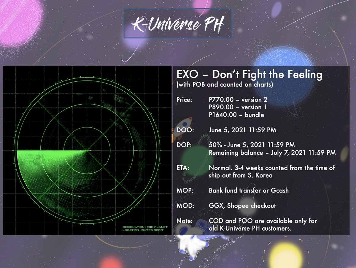 KUniversePH's tweet photo. WTS LFB EXO - Don't Fight the Feeling PH GO
✨Long DOP, easy payment scheme. ✨
✨Details in the picture ✨
✨Fill out the form here: https://t.co/Vro1QLVEjW

✨We also offer pasa-buy, click here to see the pricelist: https://t.co/PFvLE2UyPH

#KUPHGO https://t.co/RkNcEszeXW