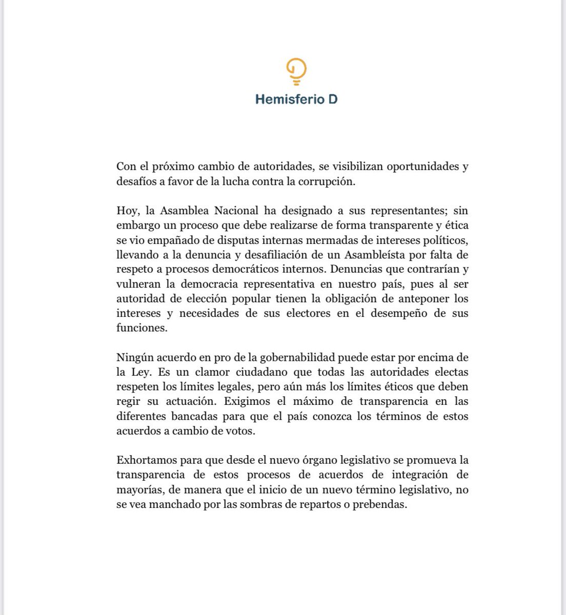 hemisferiod_ec's tweet photo. Hemisferio D se pronuncia respecto a la Sesión Inaugural de elección de autoridades de la @AsambleaEcuador https://t.co/LapWHcGBXl