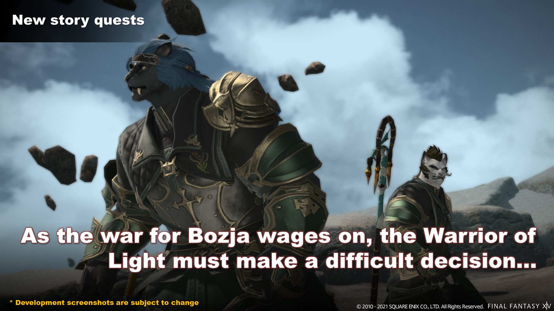 New story quests. Subtitle text reads: As the war for Bozja wages on, the Warrior of Light must make a difficult decision...