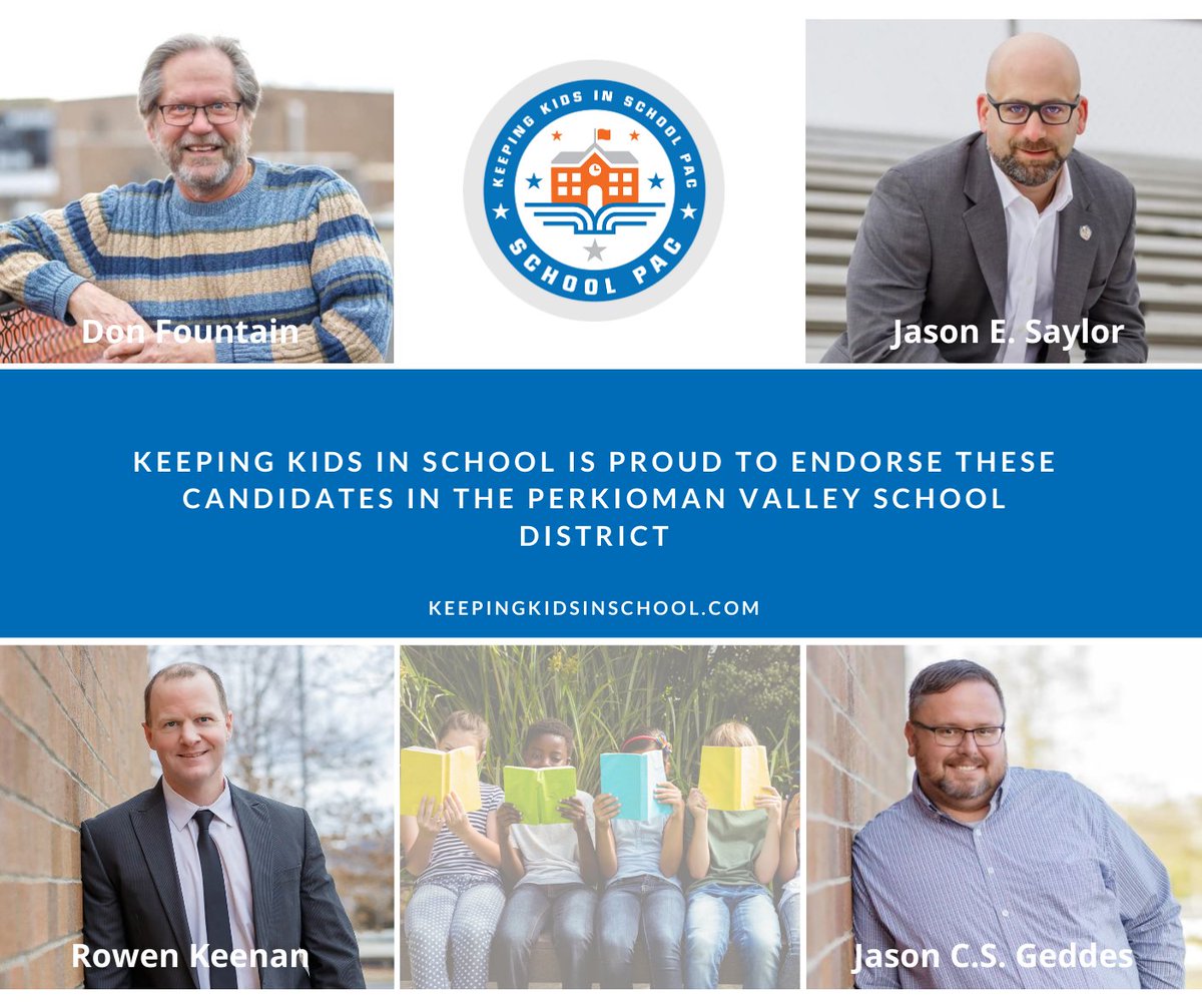Keeping Kids in School is PROUD to endorse 4 School Board Candidates in the Perkioman Valley School District!

Please VOTE on May 18th for:
Jason E. Saylor
Don Fountain
Rowen Keenan
Jason C.S. Geddes

Bios: bit.ly/3saNa31
Social Media: facebook.com/FLIP4PV