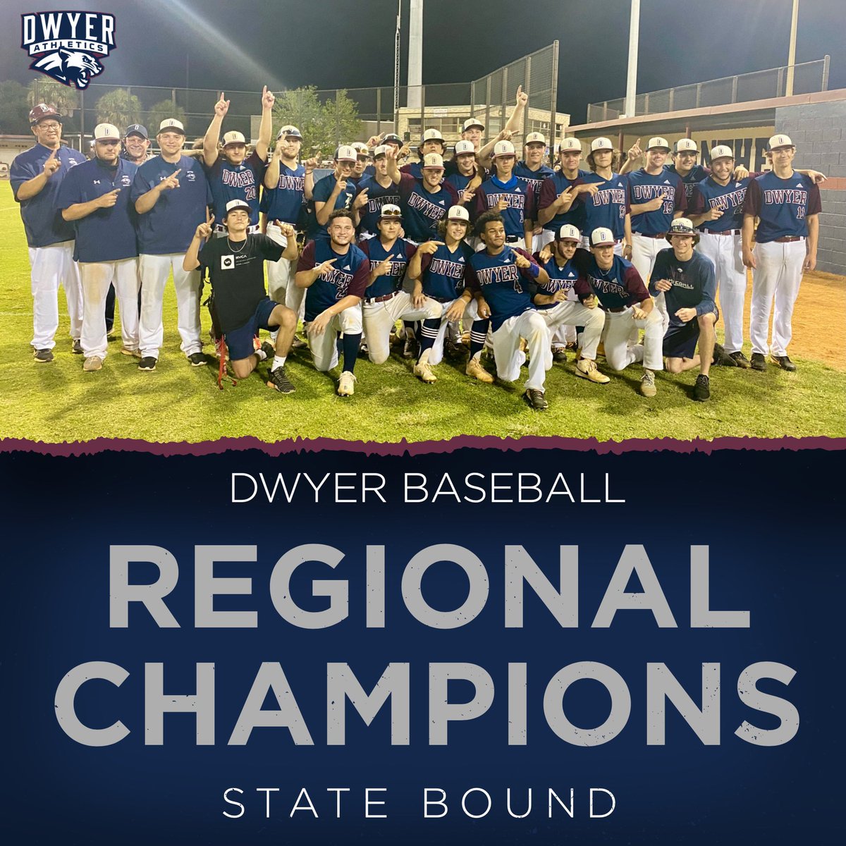 DwyerHS's tweet photo. Dwyer Baseball defeats Doral Academy 2-0 tonight to claim the Regional Championship! Our Panthers move on to the State Final Four in Ft Myers next Friday. 
#WeAreDwyer #PantherPride https://t.co/ybzprb4Ayx